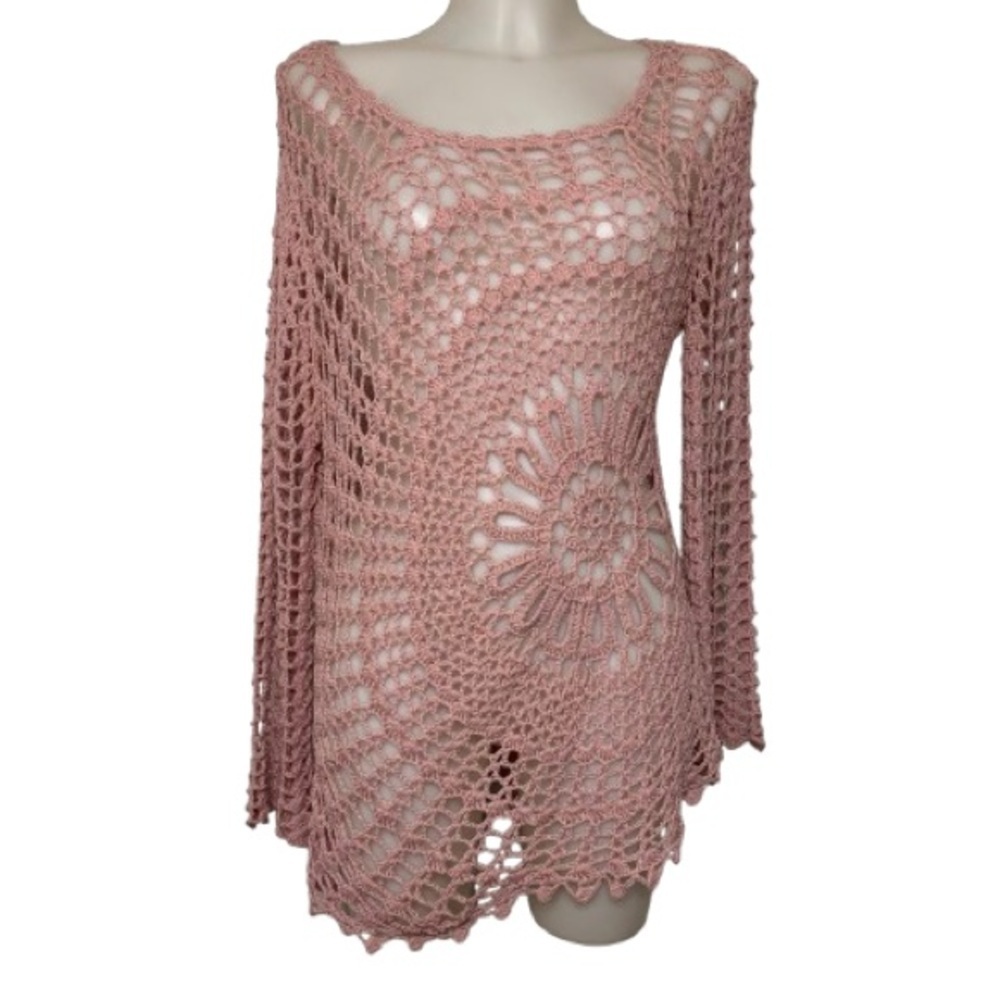 Venus Pink Boho Hippy Crochet Bathing Suit Cover Up Size L - Picture 2 of 5